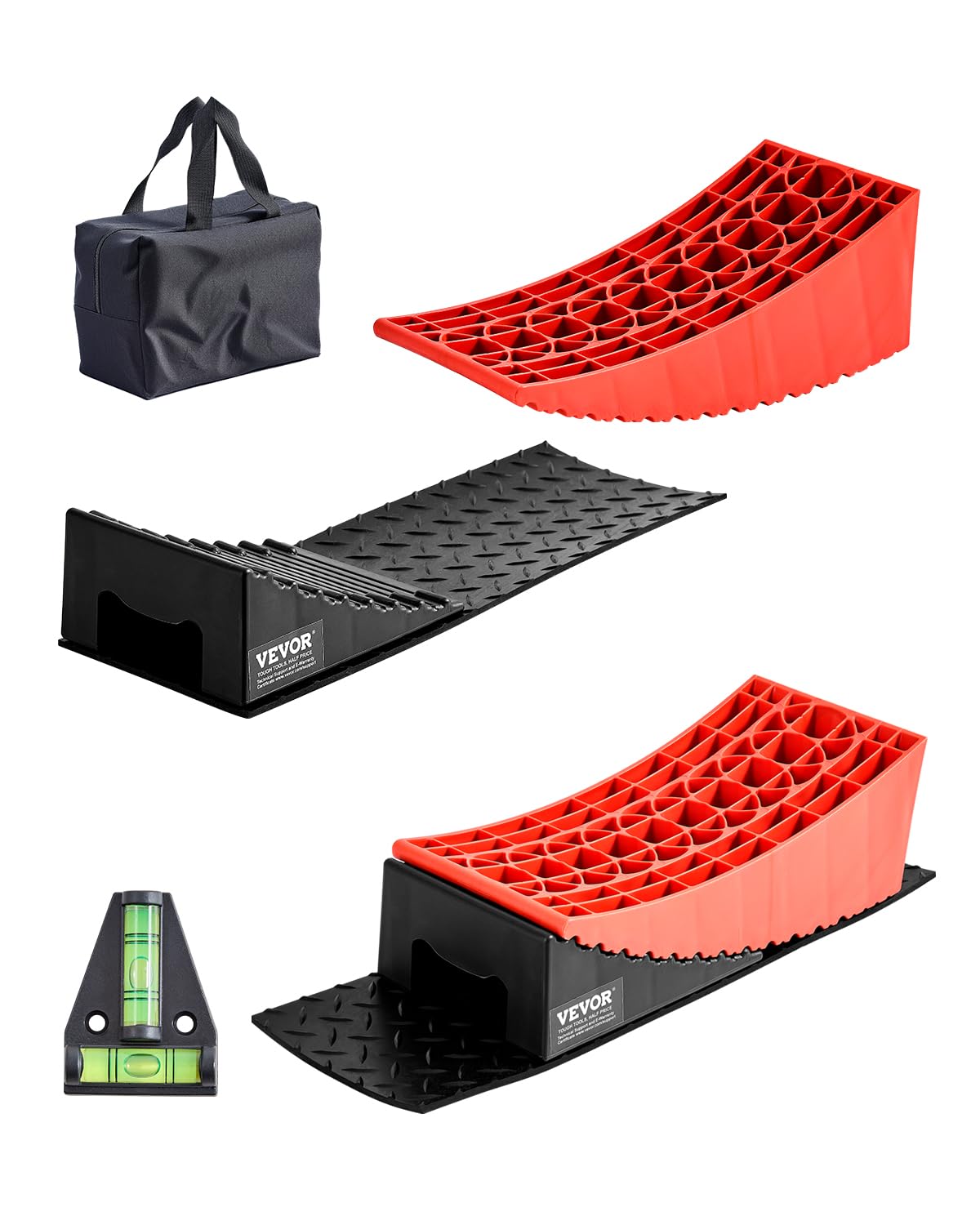 VEVOR Cale de Roue pour Caravane 2PCs, Bloc de Nivellement pour Camping-car Capacité de 4 T, Hauteur Maximale de 12 cm, Niveleurs Incurvés Robustes avec Tapis Antidérapant, Sac de Transport, Rouge