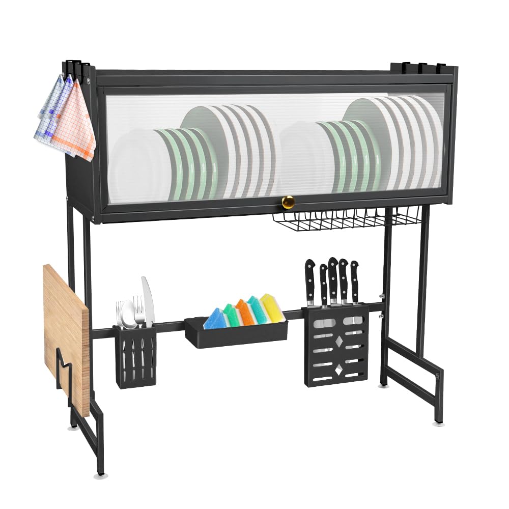 Escurridor sobre fregadero de 3 niveles con 6 ganchos para secadora de platos y escurridores de platos en fregadero organizador de cocina para escurrir platos, frutas y verduras (65 x 28 x 77
