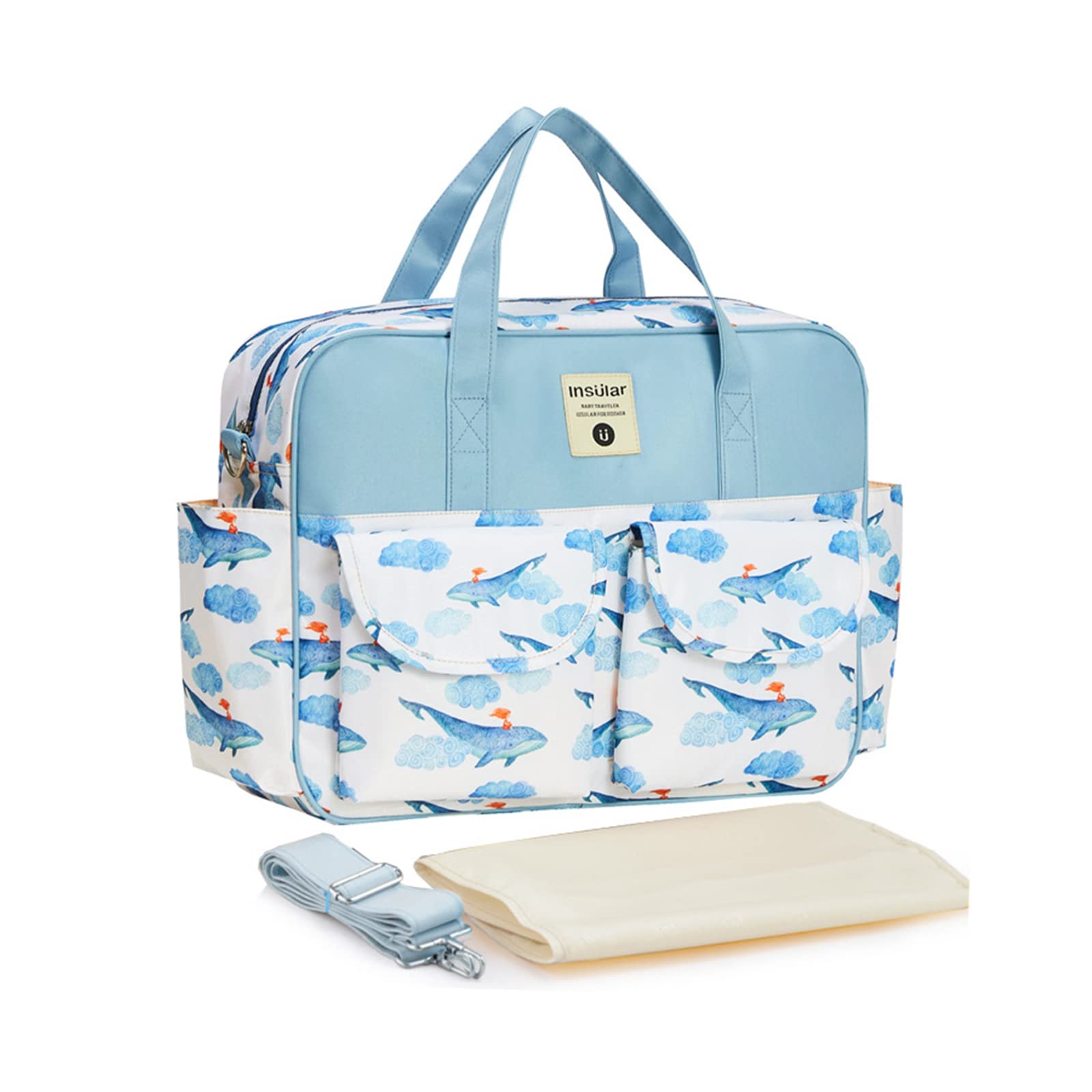 SONARIN Stylish Large Capacity Baby Nappy Changing Tote Bag,Waterproof Baby Changing Bag Satchel Messenger Bag Portable Travel Diaper Bag with Shoulder Strap & Changing Mat(Whale)