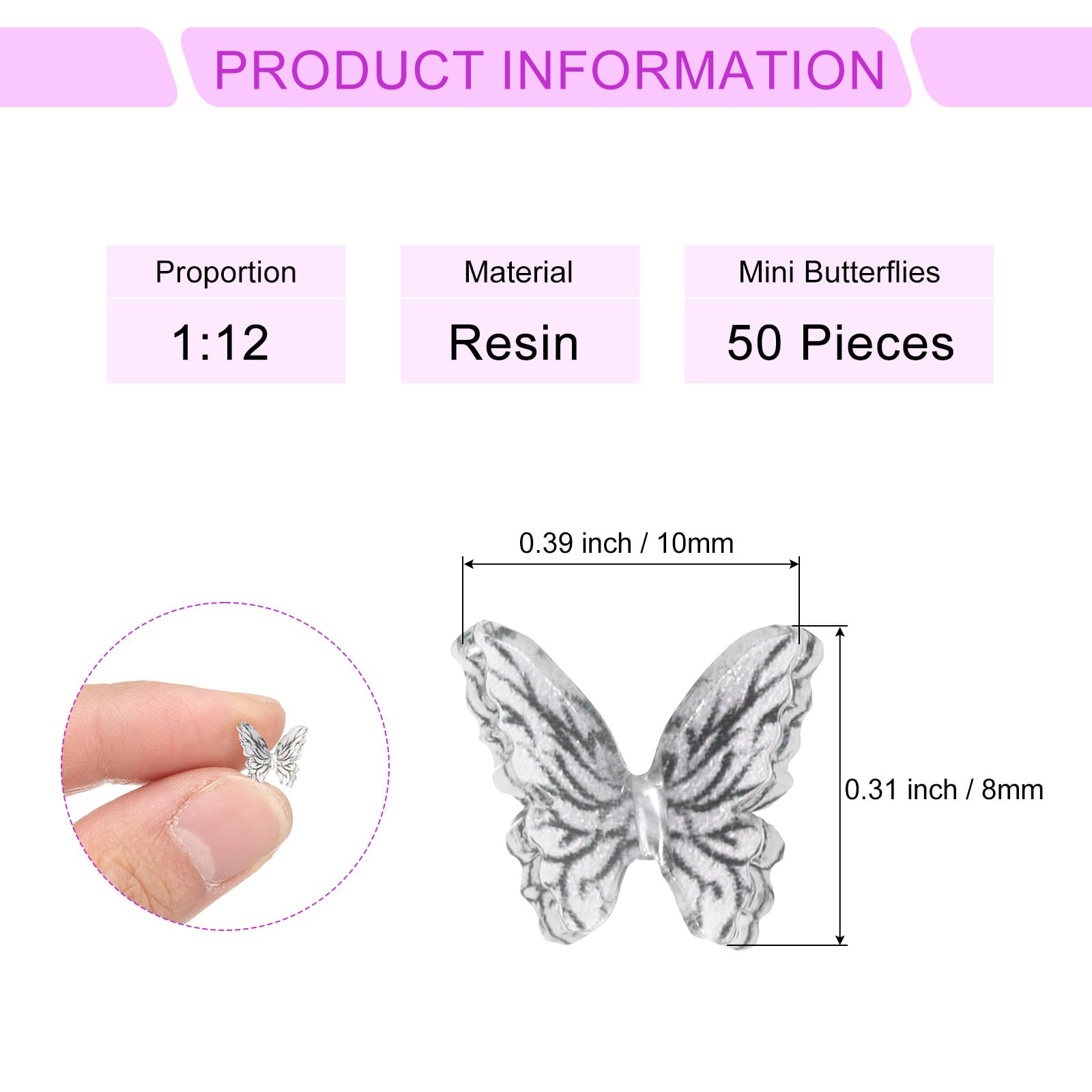 CoCud Mini Resin Butterflies, 8mm Length, Resin Miniature Dollhouse Accessories Black and White Stripe - Image 2
