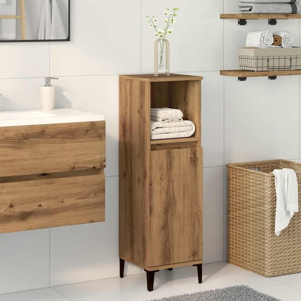 Homvdxl Schmaler Badezimmerschrank, 30 x 30 x 100 cm, kleiner freistehender Schrank mit Tür und offenem Regal für kleine Räume, Eiche