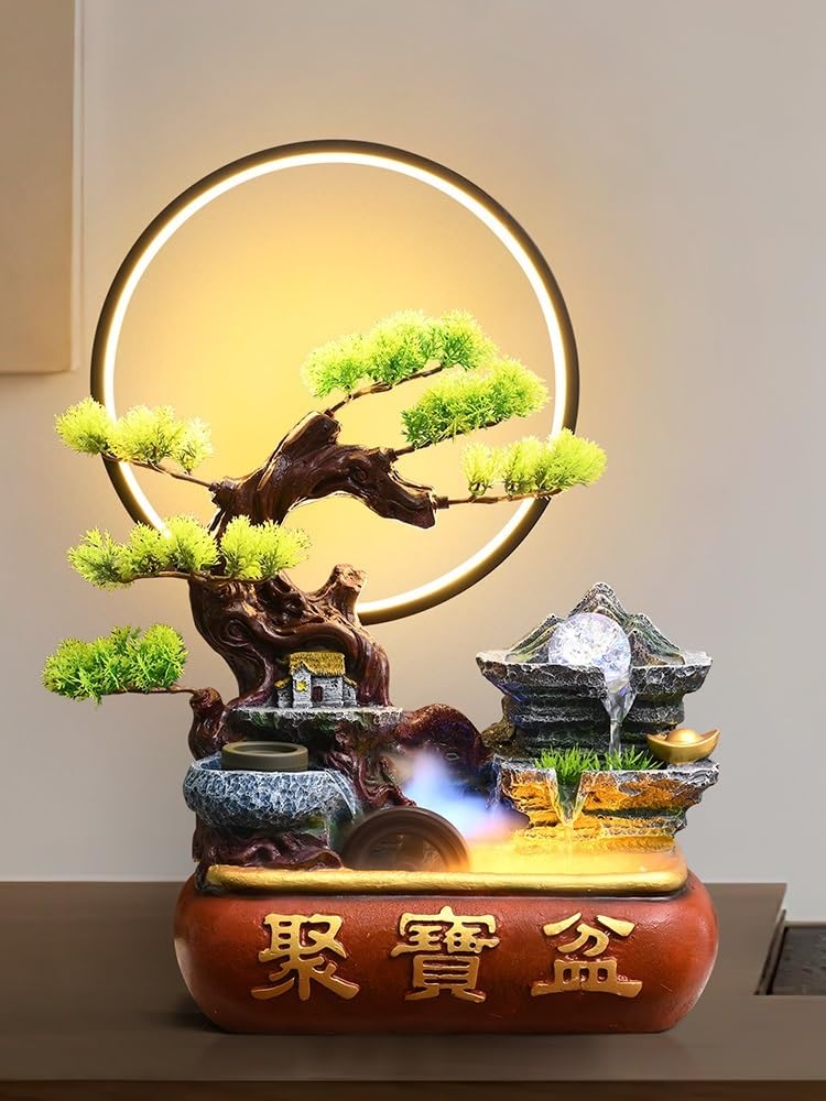 Fuente Decorativa para jardín Fuente de rocalla Decorativa Escritorio con Cuenco del Tesoro y Rueda la Fortuna Feng Shui Anillo luz atomizada(Pequeño)