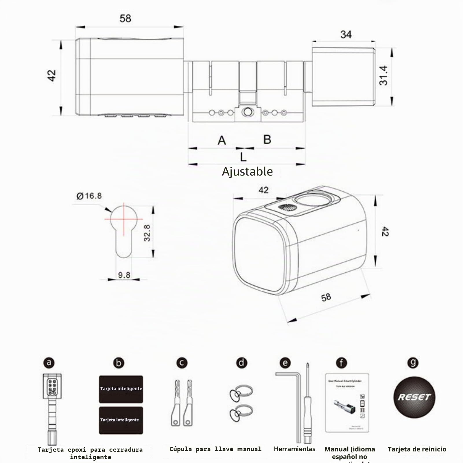 Cerradura de puerta con huellas dactilares, 5 en 1, cerradura inteligente con código numérico RFID, cerradura electrónica para puerta de casa, cilindro ajustable 60-90 mm