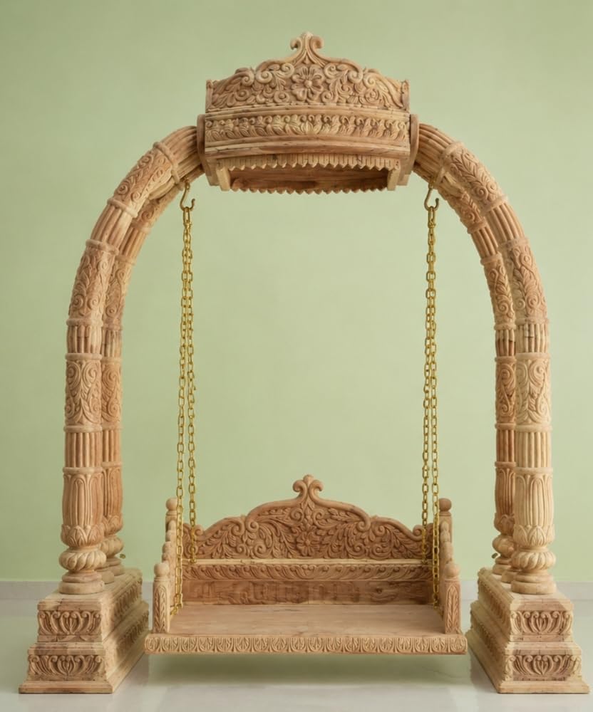 Solid Wood Hand Carved Temple Jhula Swing for Home | Traditional Wooden Indoor Swing with Ornate Arch & Hanging Chains | Natural Finish-image-46