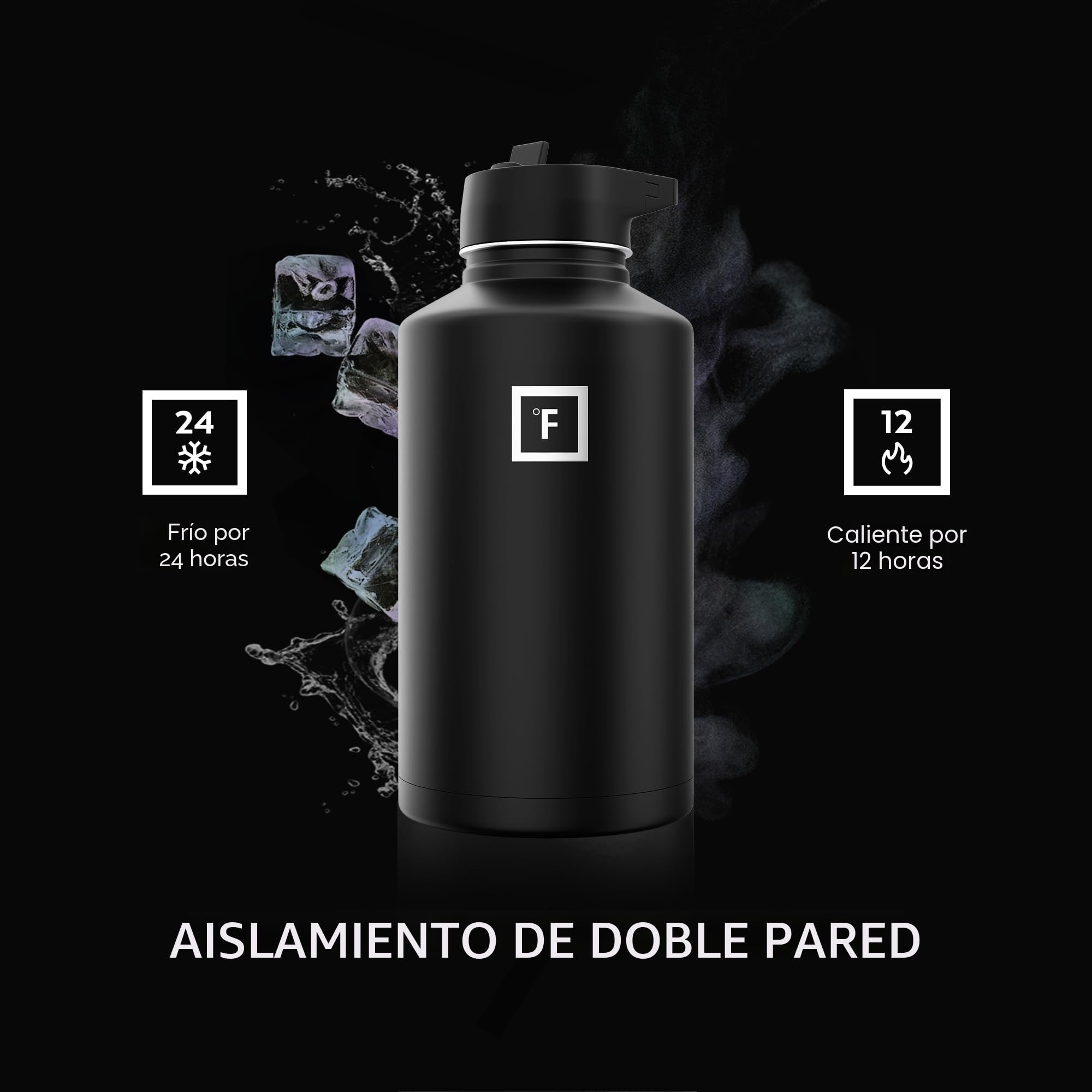 Iron Flask - Botella de agua deportiva de 64 onzas, 3 tapas (tapa con pajilla), acero inoxidable aislado al vacío, moderna de doble pared, taza térmica simple, Hydro Metal | Botella de agua aislada de medio galón con 3 tapas a prueba de fugas, sin BPA, fr