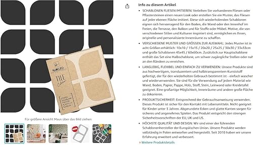 Miniatura 7 de NAKLEO - Plantilla de plástico reutilizable para azulejos Teruel  Cuadrados redondeados retro  Geométrico marroquí  Bloque de pavimentación de