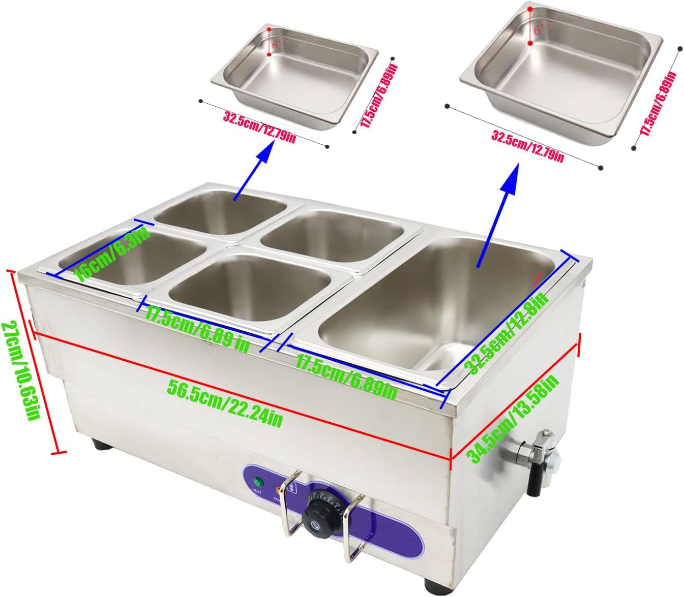INTSUPERMAI 5 Pots Electric Commercial Food Soup Warmer Canteen Buffet Steam Heater Stainless Steel 110V 1500W 1/6 GN x4+1/3GN x1 6 inch deep Adjustable Temp Restaurants, Catering and Parties