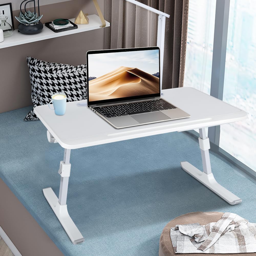 Table d’Ordinateur en Bambou Pliable Réglable avec Tiroir, Support Portable pour Lit Canapé, Blanc 60x40x27-40cm