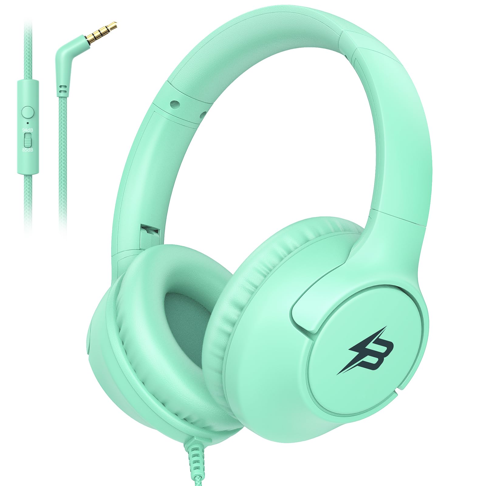 Kids Headphones Wired with Microphone, 3.5 Cord 85/94dB Volume Limit, Green | Wired Over Ear Headphones for Kids Boys Toddler, Foldable Plug in Headphones for School Tablet Computer Airplane Travel