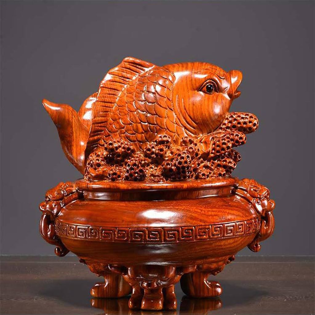 卓上置物 木彫りの鯉の飾り 無垢材の頭の根彫り マホガニー 家