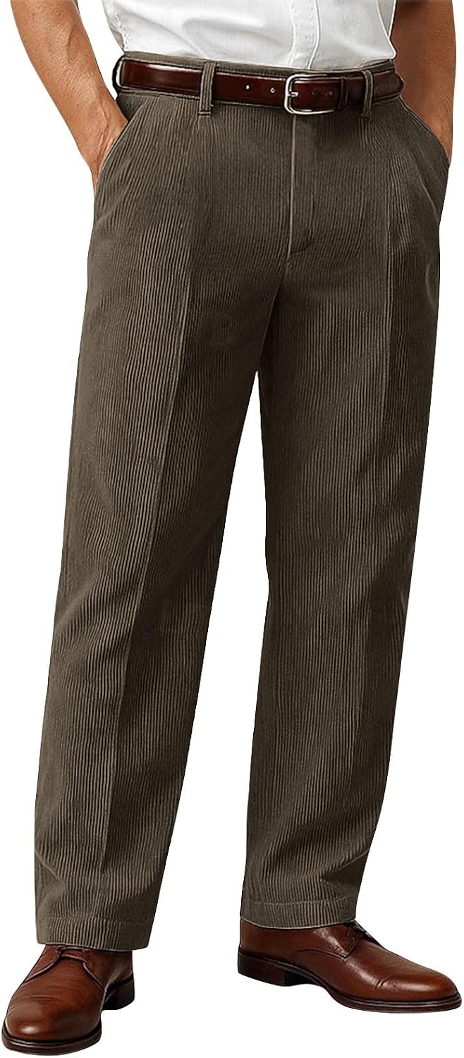 Corduroy Dress Pants for Men, Pleated Front Casual Business Regular Fit Work Trousers with Pocket