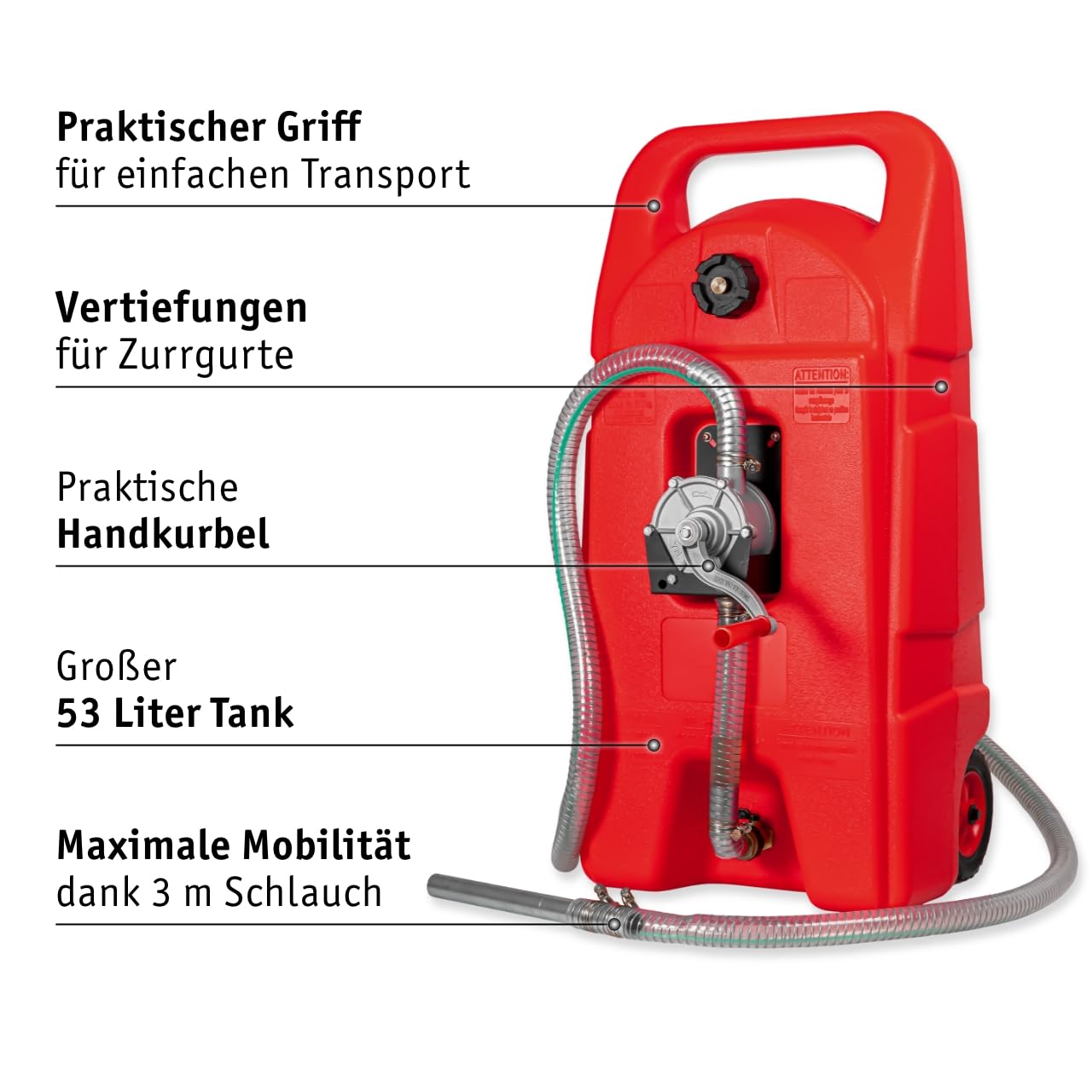 WALTER Kraftstofftrolley 53L, Benzinkanister aus HDPE mit Rädern | Handpumpe, Mobiler, 3 m Schlauch, 8L/min, für Diesel & Benzin, ideal für Boote & Offroad