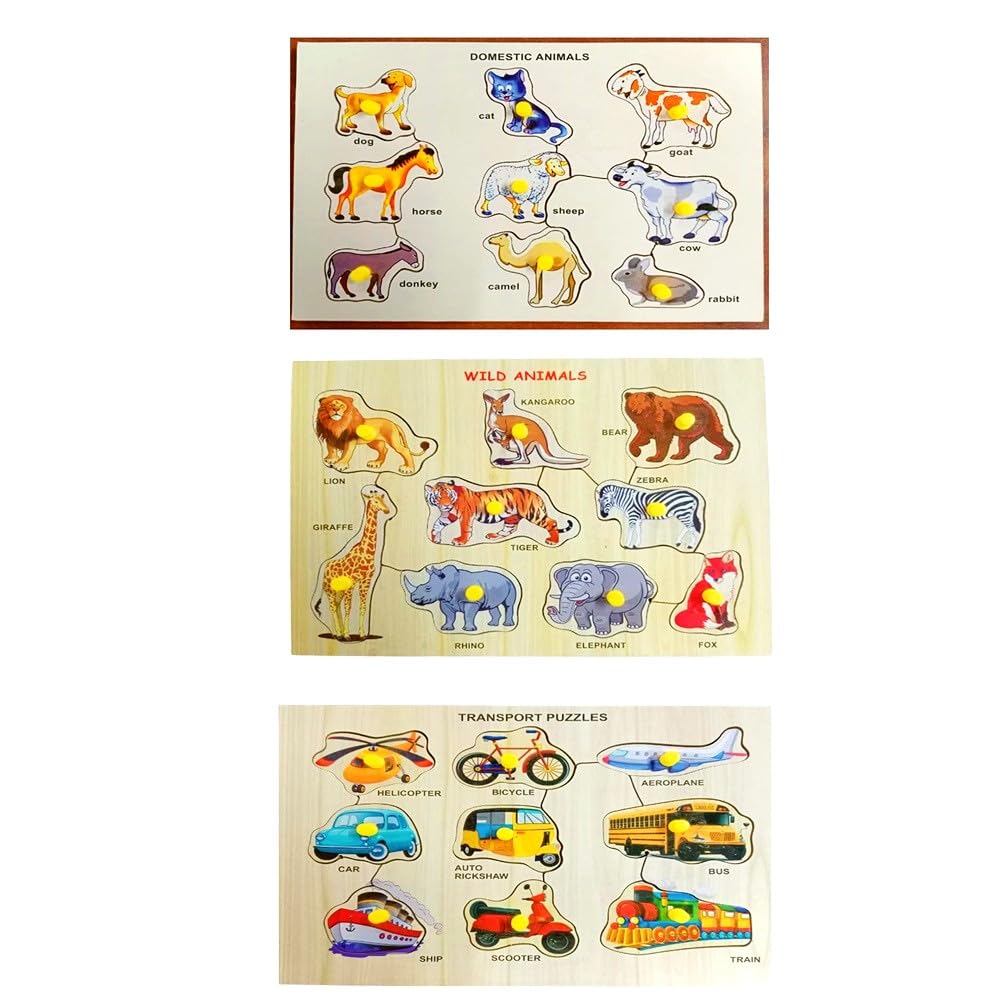 Amisha Gift Gallery Wooden Puzzle with Knob, Educational Learning Wooden Puzzle Board for Kids (Domestic, Wild Animals & Transport) (B0B86FSCHT) Amazon Price History, Amazon Price Tracker