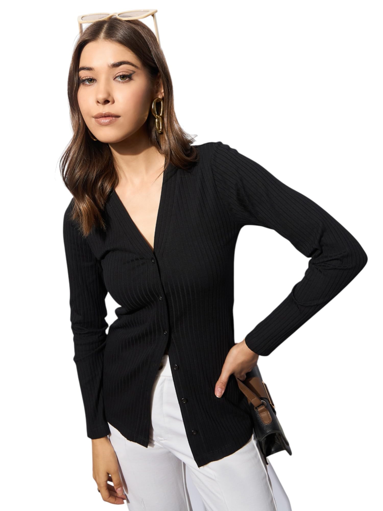 barcino Black Rib Front Button Top-picture-11