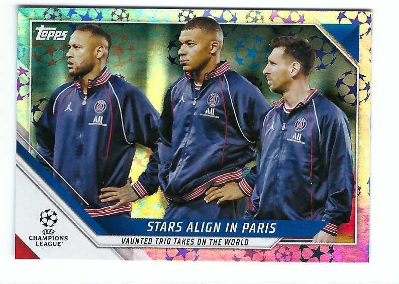 LIONEL MESSI KYLIAN MBAPPE Neymar Jr. 2021-22 Topps UEFA Champions League Soccer STARBALL FOIL PARALLEL Card #62 CL Paris Saint-Germain