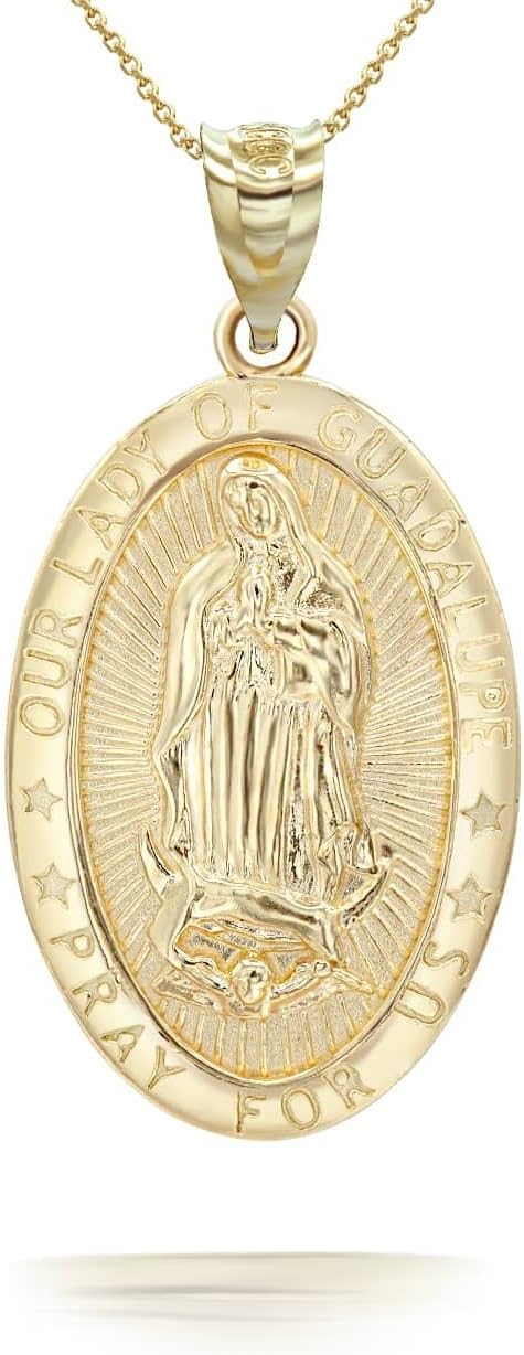 14k Yellow Gold Our Lady Of Guadalupe Pray For Us Words Oval Medal in Solid Gold Choice of Pendant Only or Necklace Chain Length