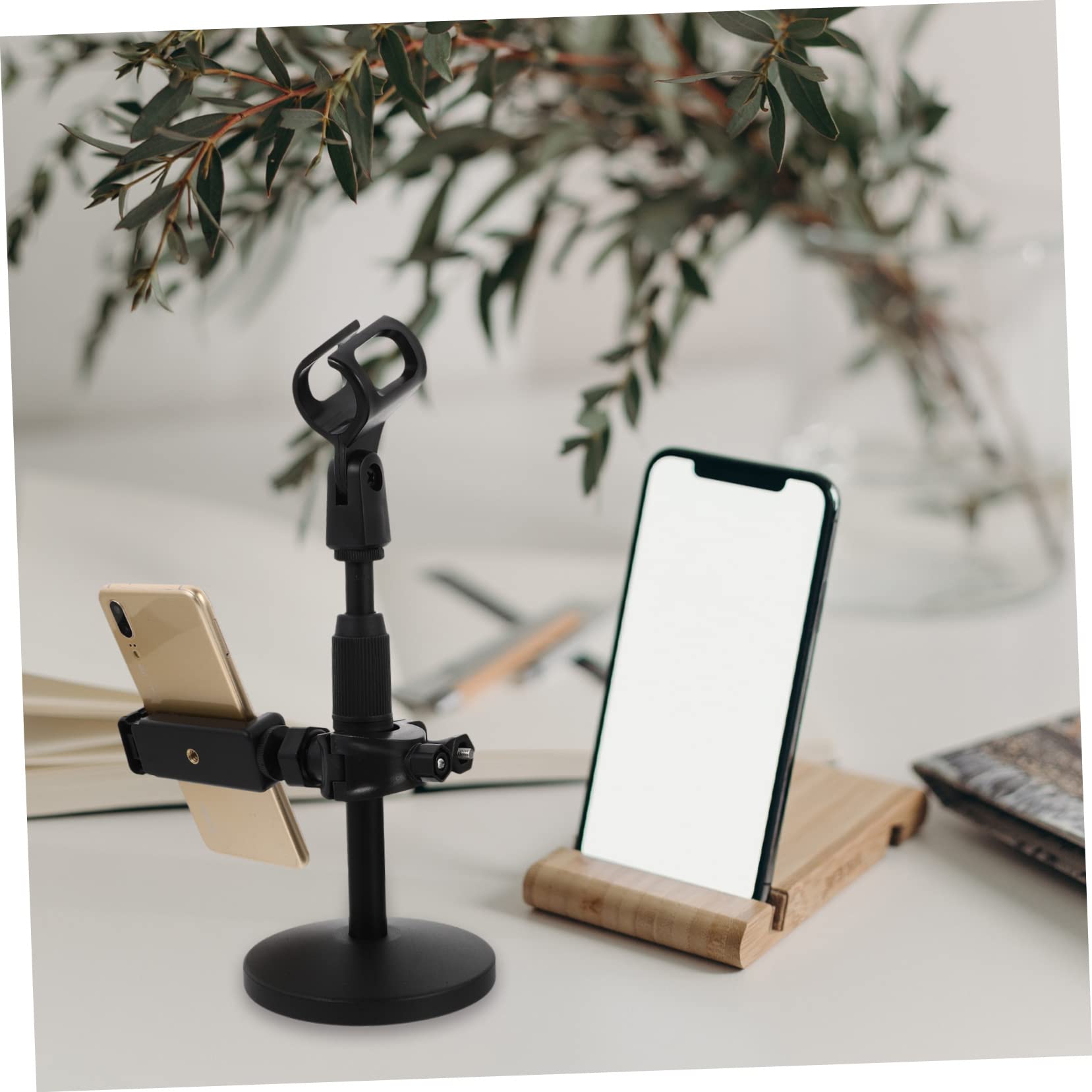 1pezzi Supporto Microfono Regolabile Con Porta Smartphone Asta Da Tavolo Per Conferenze Streaming e Insegnamento Struttura Robusta e Facile Da Trasportare