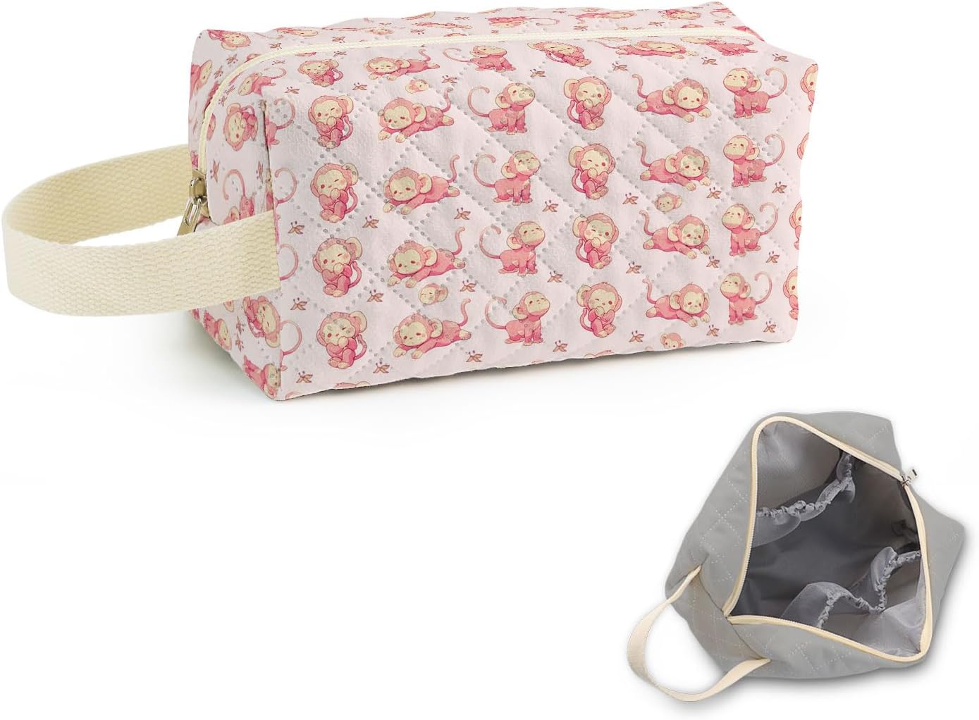 Pink Monkey Printed Quilted Makeup Bag for Women - Velvety Polyester Cosmetic Organizer w/Triple Compartments, Travel & Makeup Brush Holder