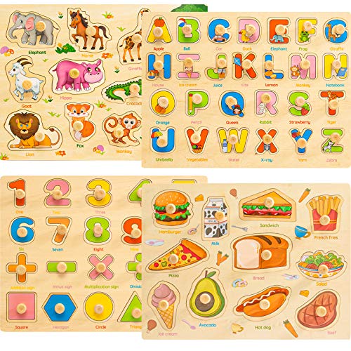 Familamb Toddler Puzzles, Wooden Peg Puzzles for Kids 3 4 Years Old, Alphabet Number Animal Food Puzzles with Knob, Preschool Learning Puzzles Toys for Baby Infants Boys and Girls (4 Pack)