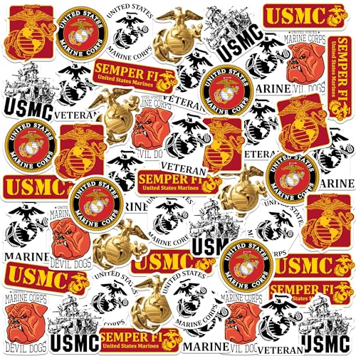 United States Marine Corps 50ct Vinyl Large Deluxe Stickers Variety Pack Die-Cut Military Decals for Laptop Water Bottle Tablet & Indoor/Outdoor Use