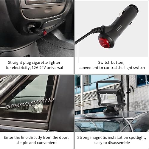 Miniatura 5 de Exzeit Luz magnética, luz de trabajo LED con base magnética fuerte alimentada por encendedor de cigarrillos, luz de inundación portátil de 36 W para