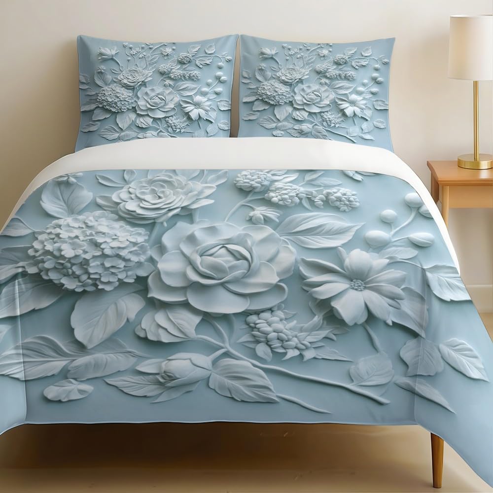 Housse de couette 140x200 bleu clair en relief avec ses deux taies d'oreiller assorties