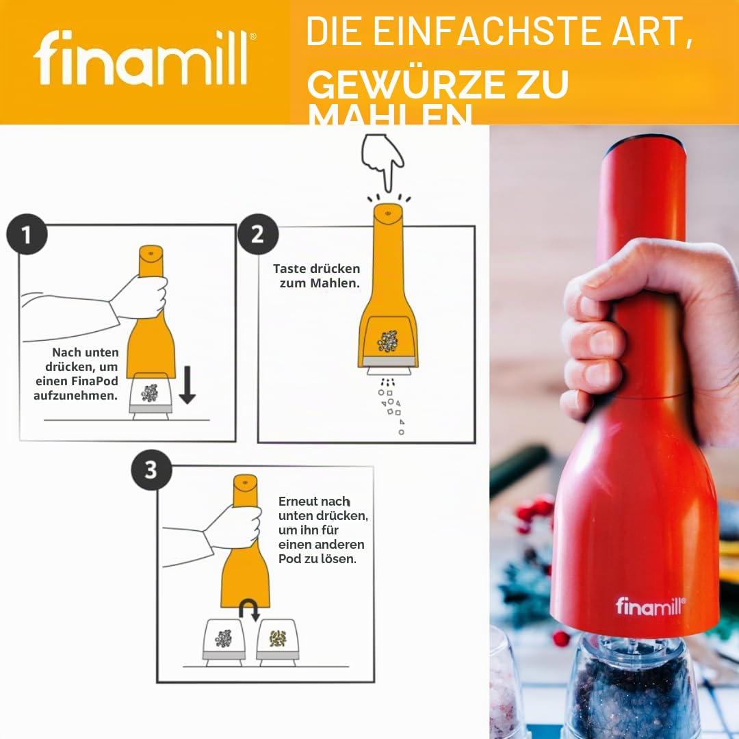 FinaMill USB wiederaufladbare Pfeffermühle & Gewürzmühle | Einstellbare Grobheit, Keramik-Mahlelemente, One-Touch-Bedienung mit LED-Licht | Inklusive 2 Schnellwechsel-PRO Plus Pods |