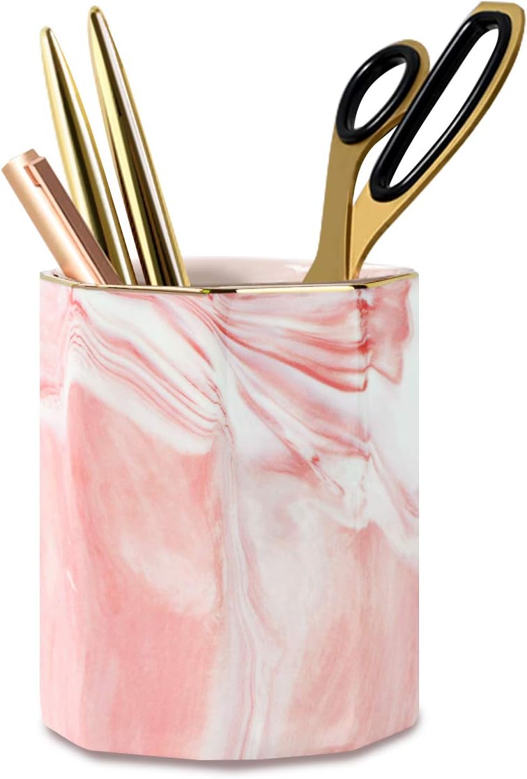 WAVEYU Pink Pen Holder for Girls, Marble Ceramic Pencil Cup, Desk Organizer Decor for 2023 Graduates, Durable Makeup Brush Holder for Office, Home, Pink Marble