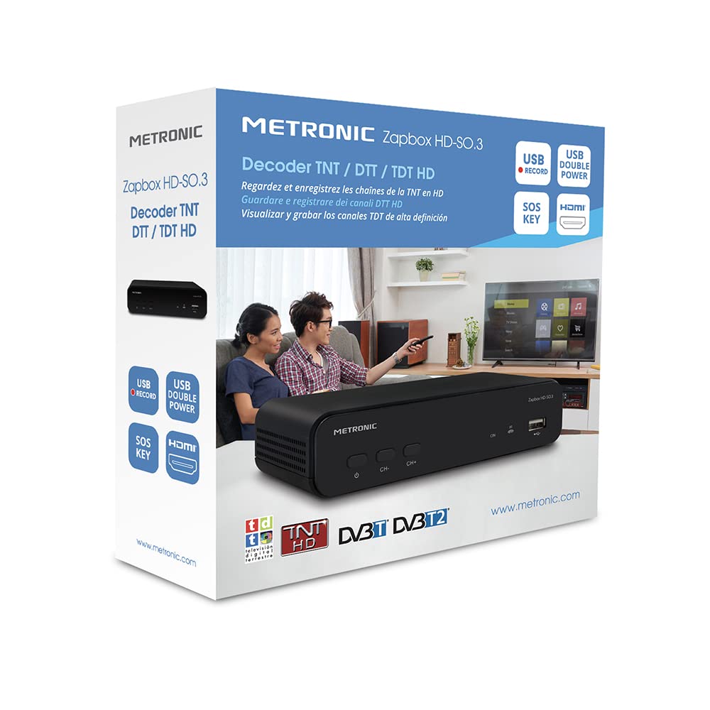 Metronic 441655 Décodeur TNT Full HD Zapbox HD-So.4 avec Port USB - Récépteur Enregistreur Chaines Gratuites - Port USB, HDMI, Ethernet, Péritel- Télécommande - Noir