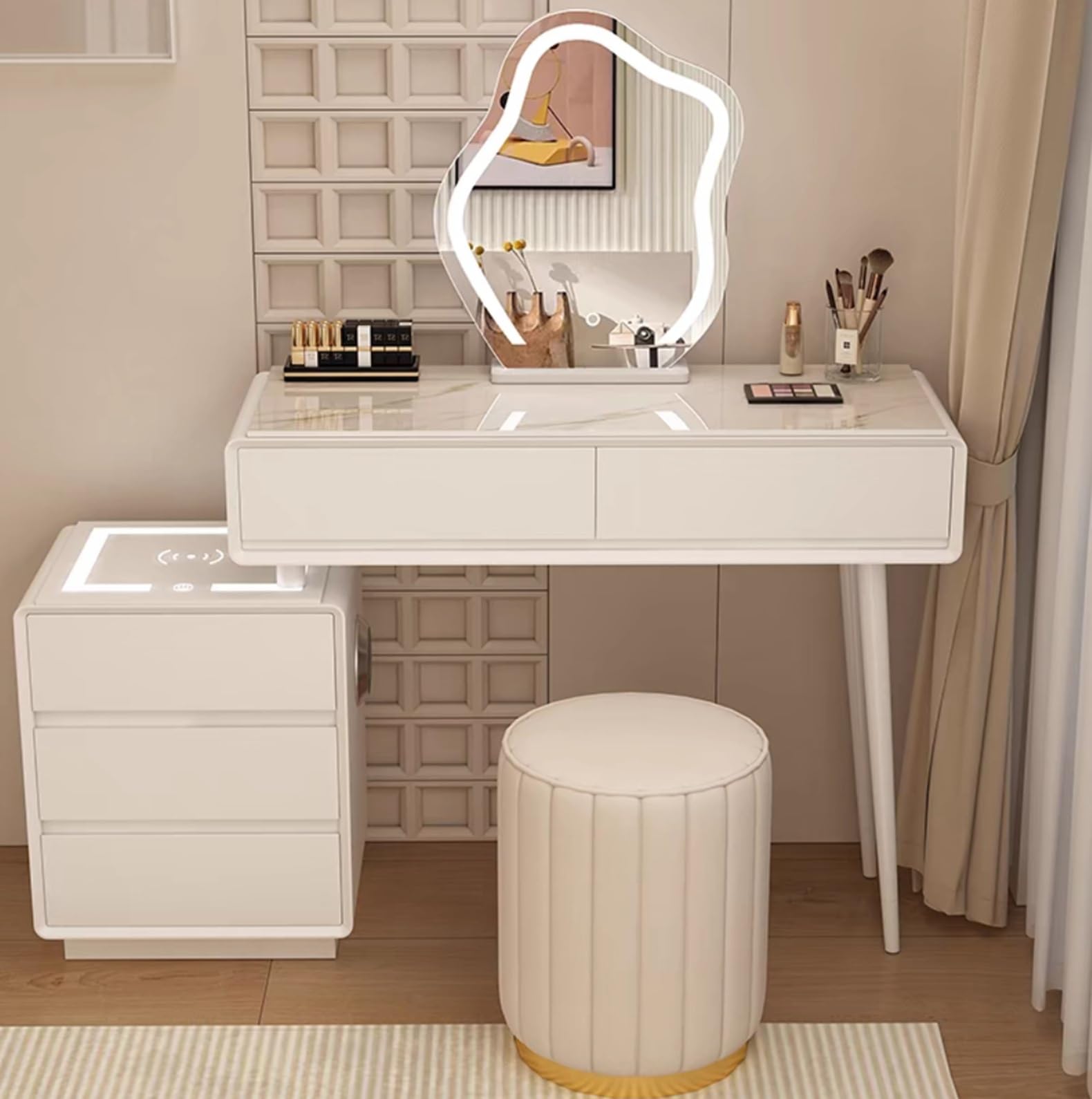 ホワイト ドレッサー・ミラー・鏡台 スツール付き dショッピング