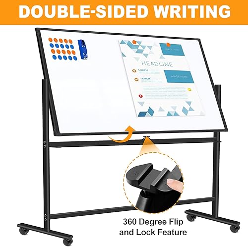 Miniatura 2 de Pizarra blanca rodante sobre ruedas de 72 x 48 pulgadas, pizarra de borrado en seco de doble cara con soporte, pizarra blanca grande con soporte,