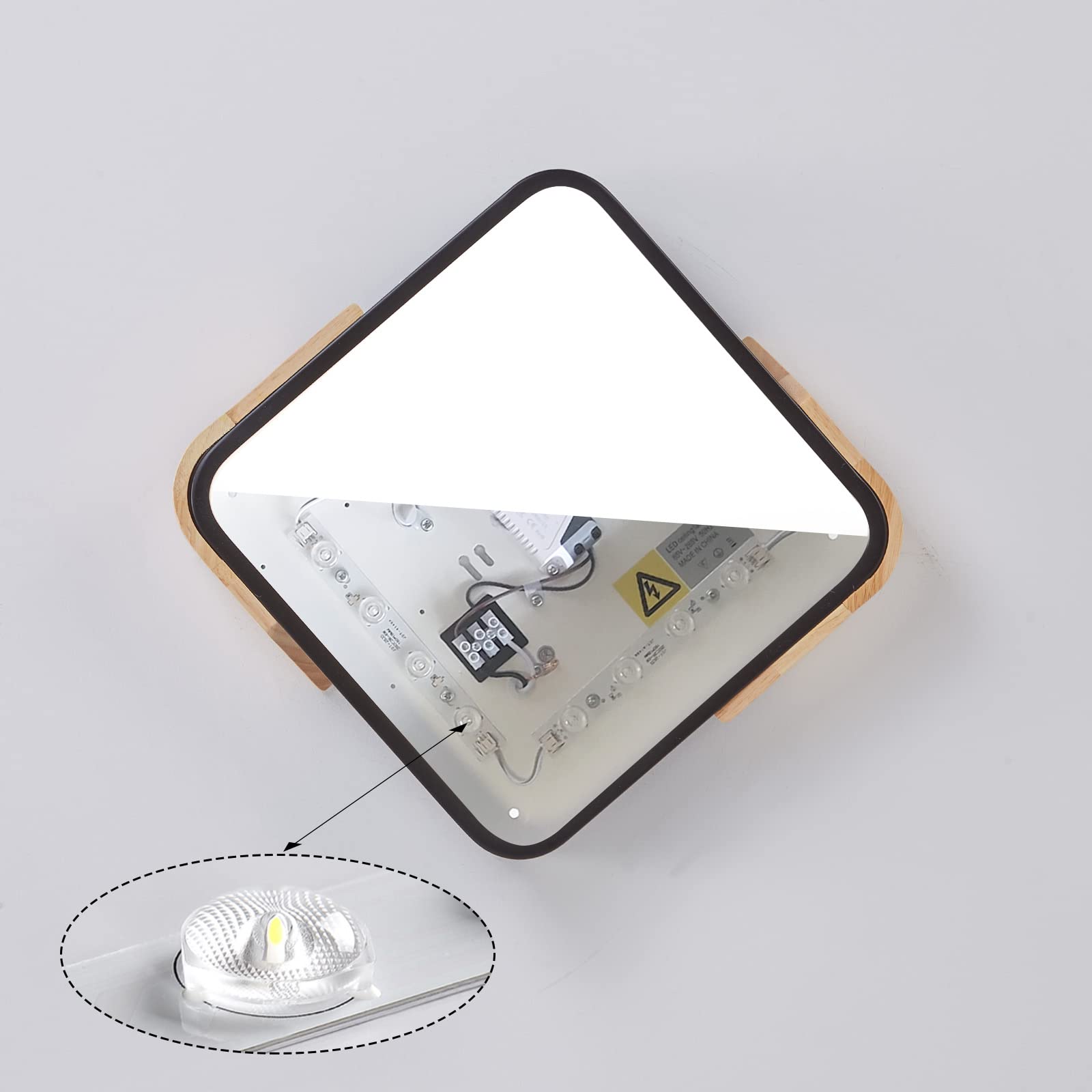 Plafonnier LED Carré Noir Bois 24W 6500K, 30 x 30 cm | Plafonnier moderne extra-plat, lumière blanc froid, pour cuisine, bureau, salon, chambre, couloir et salle à manger