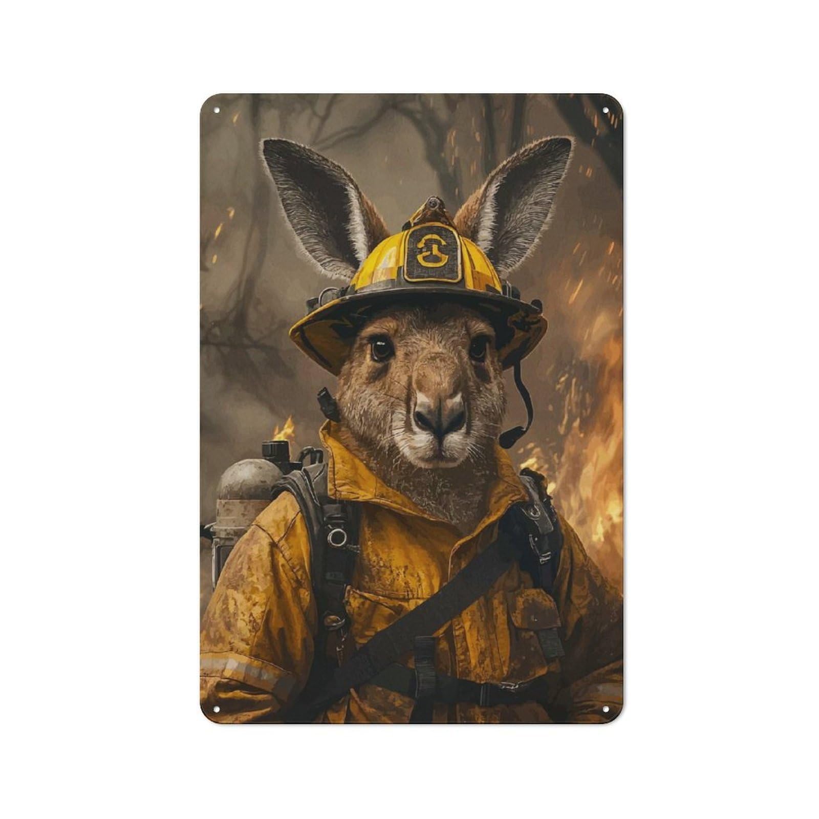 Junmoney Kangaroo Firefighter Tin Wall Sign With Design 30X20cm, Classic Diner Style Decor For Bakery, Diner, Cafe Or Family Room