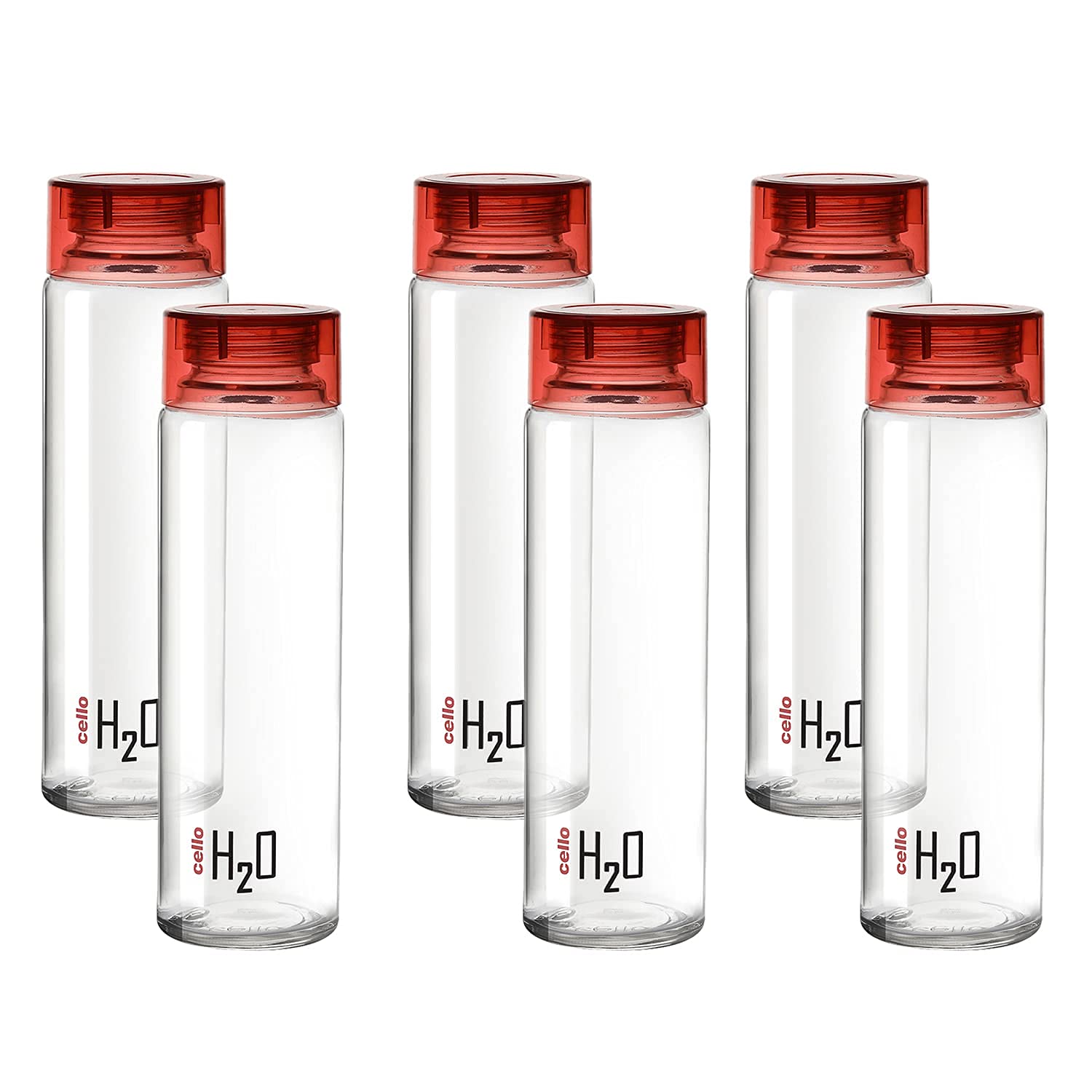 CELLO H2O Glass Water Bottle Set of 6 Pcs for Office & Daily Use 920 ml, Red | Durable Freezable & Fridge Safe, Leakproof Wide Mouth Leadfree Toughened Glass Water Bottle For Kitchen & Travel