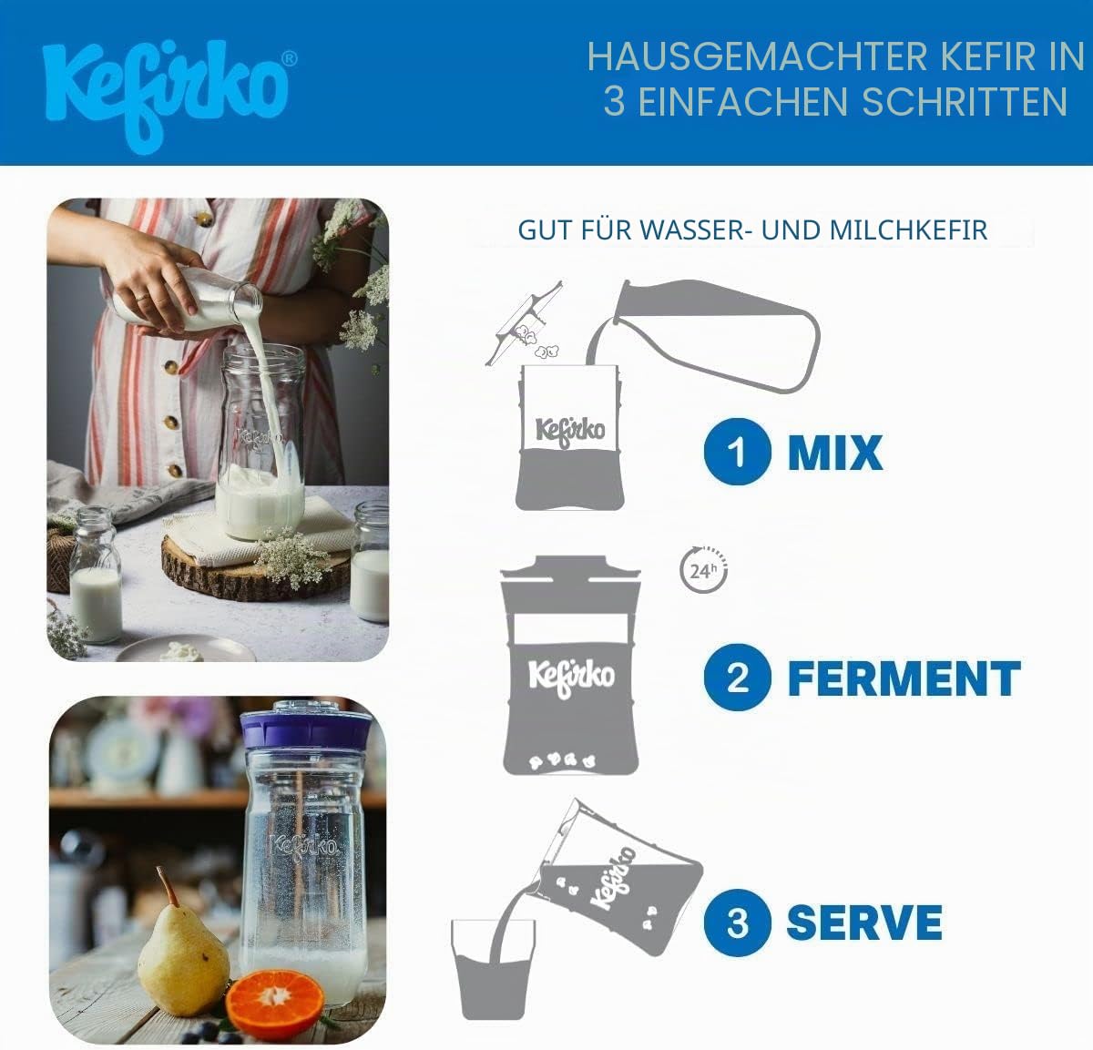 Kefirko Fermentations Set | Milch- und Wasserkefir selber herstellen - 1,4 Liter Weiß