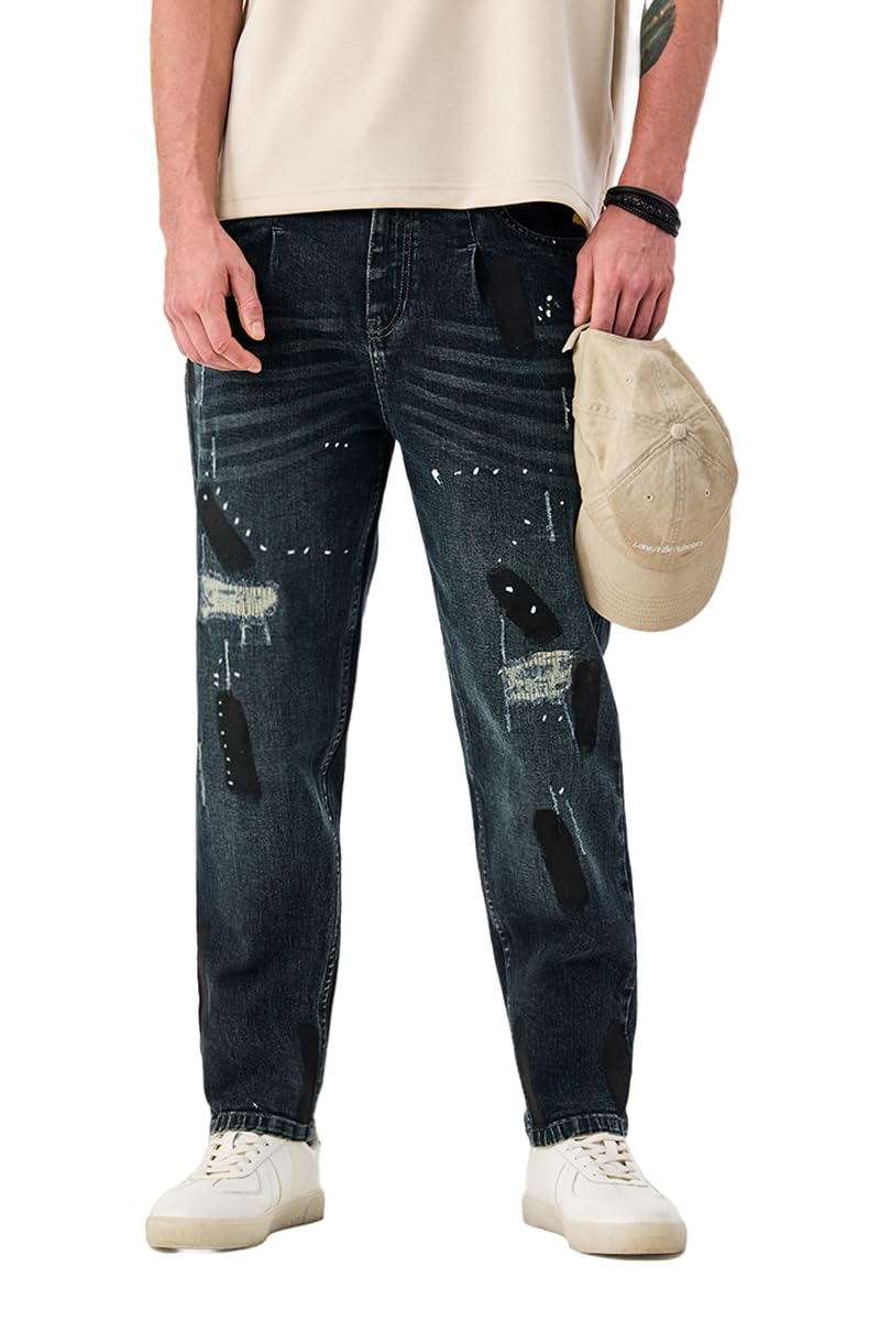 snitch Men Jeans Street Wear | Loose Fit Straight Leg Patchwork Design & Mid Rise | Pure Cotton Distressed Denim for All Day Casual Comfort-picture-20