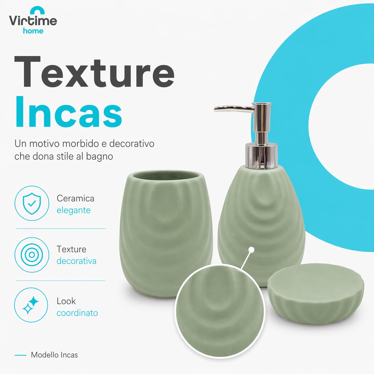 Set Accessori Bagno 3 Pezzi in Ceramica Lucida Modello Incas, Dispenser Sapone Liquido, Porta Spazzolini e Porta Saponetta (verde)