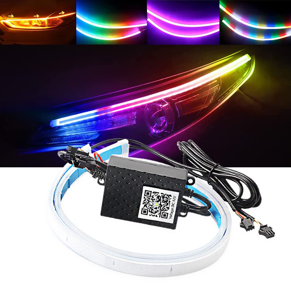 Samochodowy reflektor LED pasek światła 45 cm sterowanie aplikacją elastyczna zewnętrzna samochód światło do jazdy dziennej pasek z kierunkowskazami RGB IC kolor snów wodoodporne neonowe światła przełączające, 2 sztuki