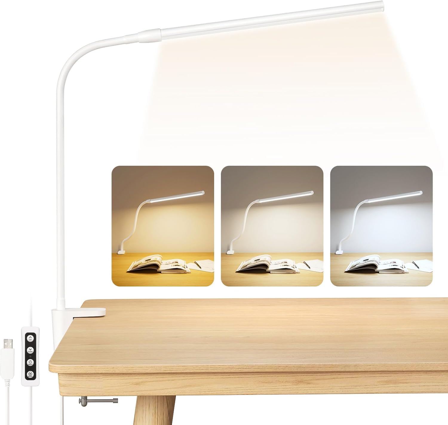 Lepro Lámpara Escritorio LED con Pinza, Flexo Escritorio Flexible 360°, Luz Lectura USB 54 LEDs 460LM, Regulable, 3 Modos Luz, 10 Nivel de Brillo, Lámpara Mesa para Oficina, Cabecera, Estudio, Blanco