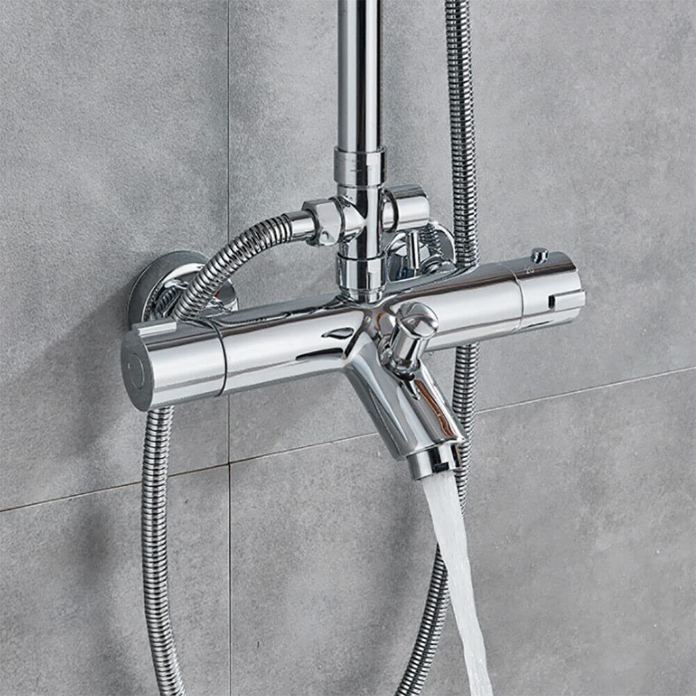 Thermostatisches Duschsystem mit 38°C Sicherheitssperre, Brausethermostat, Brausegarnitur, Kopf- und Handbrause, Duschsäule, Höhenverstellbare Edelstahl-Brausegarnitur, Regenbrause für Badewannen