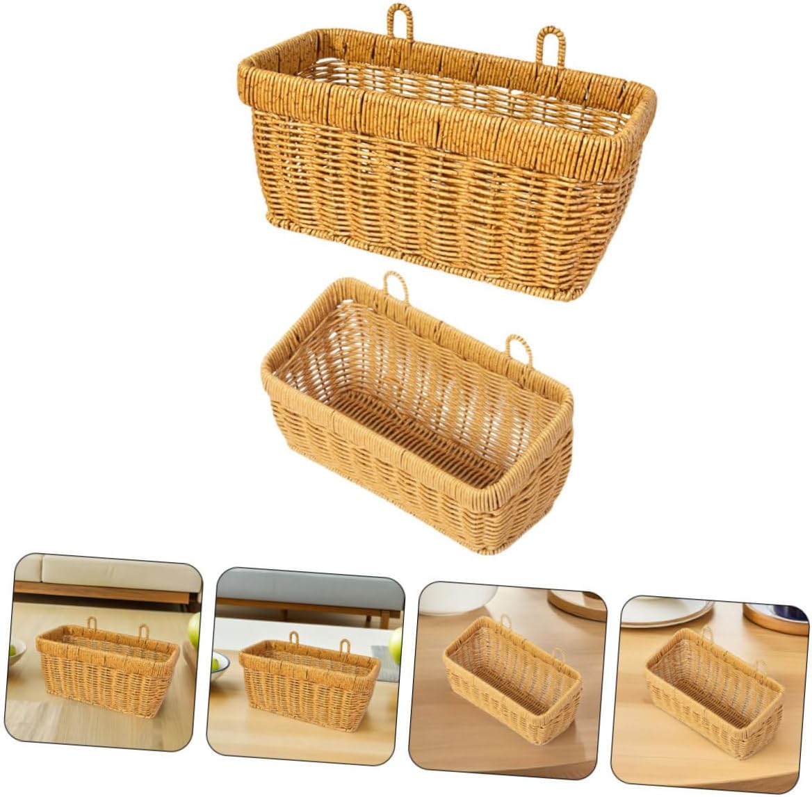 2pcs Kitchen Wall Mounted Hanging Baskets Set, Large and Small Fake Rattan Woven Storage Organizers for Garlic, Ginger, Onions, and Fruit, Space-saving Kitchen Wall Basket