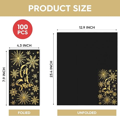 Miniatura 3 de Horaldaily 100 servilletas decorativas de papel desechables de Navidad, Let It Snow Black Paper Gold Foil Toalla de mano para fiesta, almuerzo,