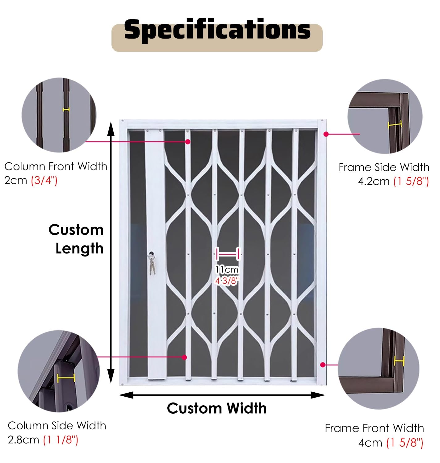 Barras de seguridad blancas para protección contra ladrones, puertas de seguridad interiores para prevención de caídas accidentales, barrera de puerta delantera de aluminio (112 x 112 cm)
