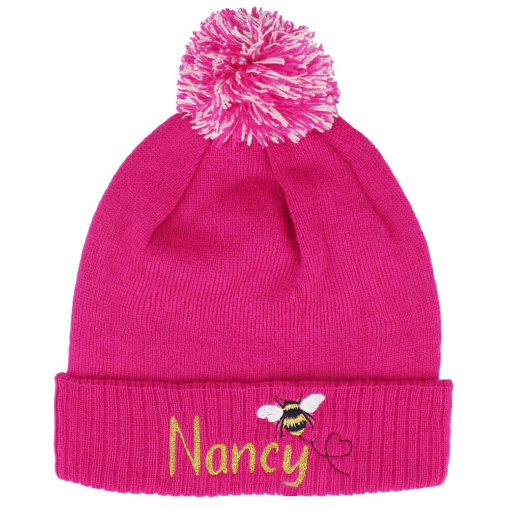 TeddyT's Personalised Girls Bumble Bee Pink Bobble Hat (3-6 Years)