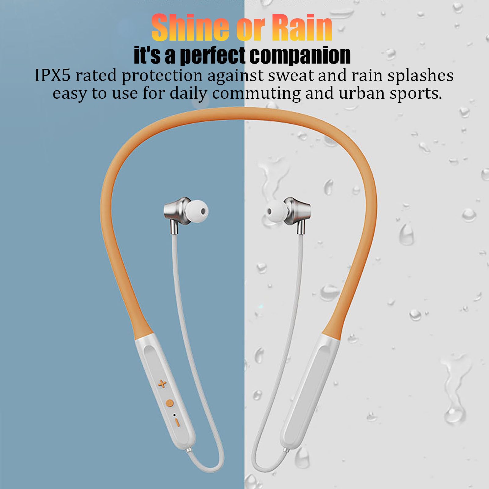 Auricolari in-ear wireless con archetto da collo, 27 g, ultra leggeri, confortevoli, 8 ore di riproduzione, bassi profondi, con microfono, per sport, allenamento, ufficio (arancione)