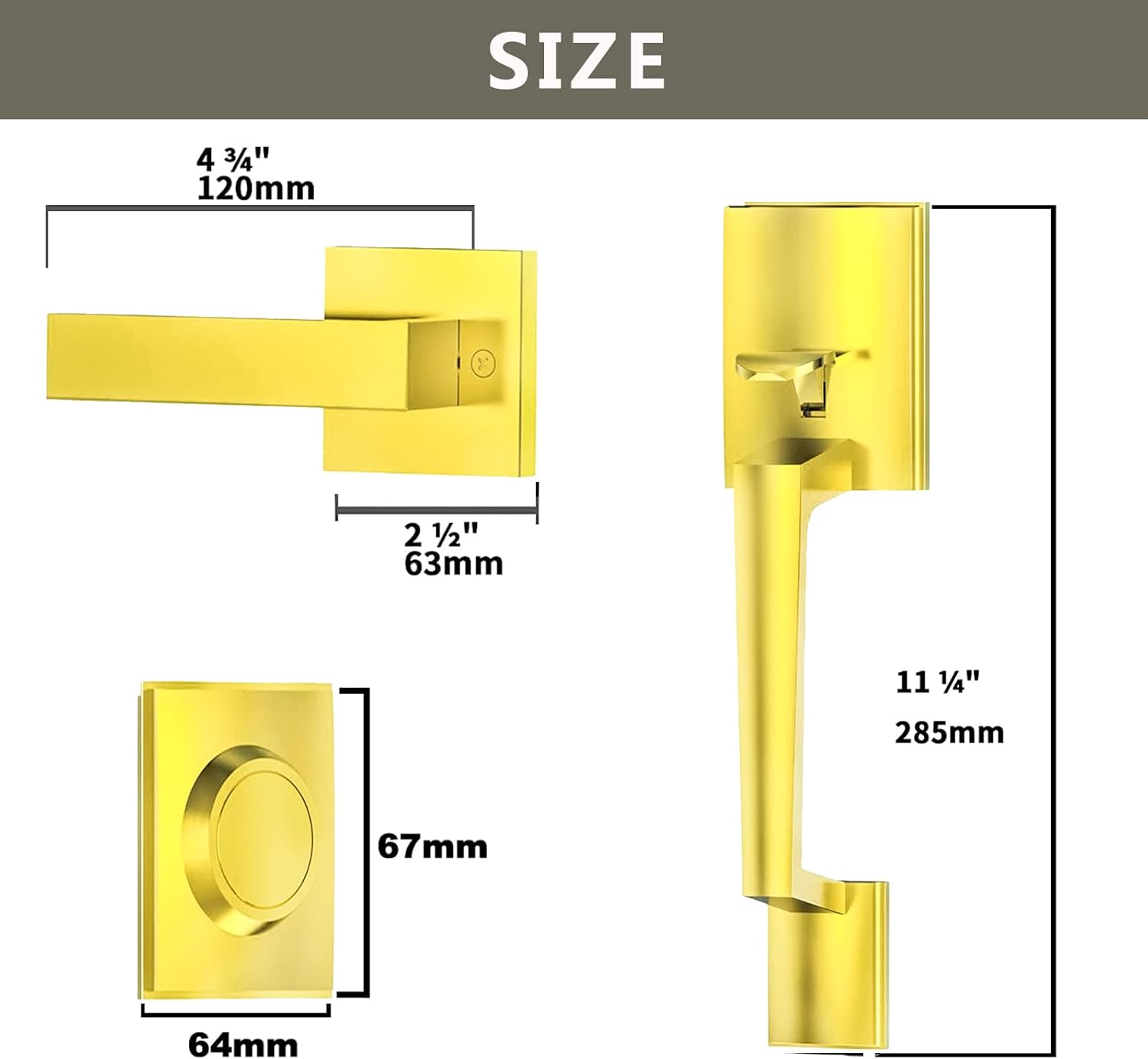 Double Door Handle Set, Polished Gold Double Front Door Handle Sets with Dummy, Modern Heavy Duty Square Door Lever and Single Cylinder Deadbolt Combo for Exterior and Interior Doors, PG-DL-1