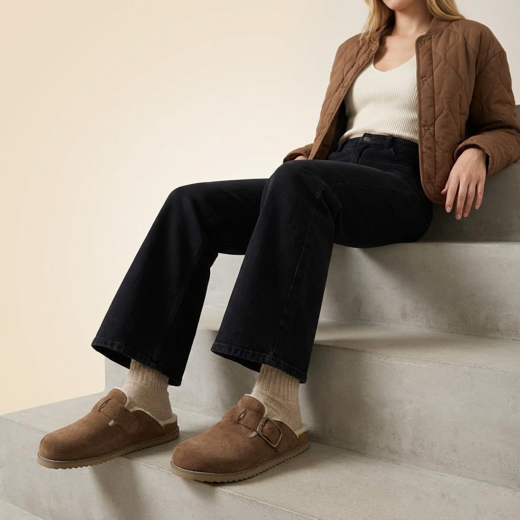 CUSHIONAIRE Blain Fur Genuine Suede Clogs for Women, Cozy Slip-On Womens Slippers with Detailed Stitching and Memory Foam Comfort - Image 8