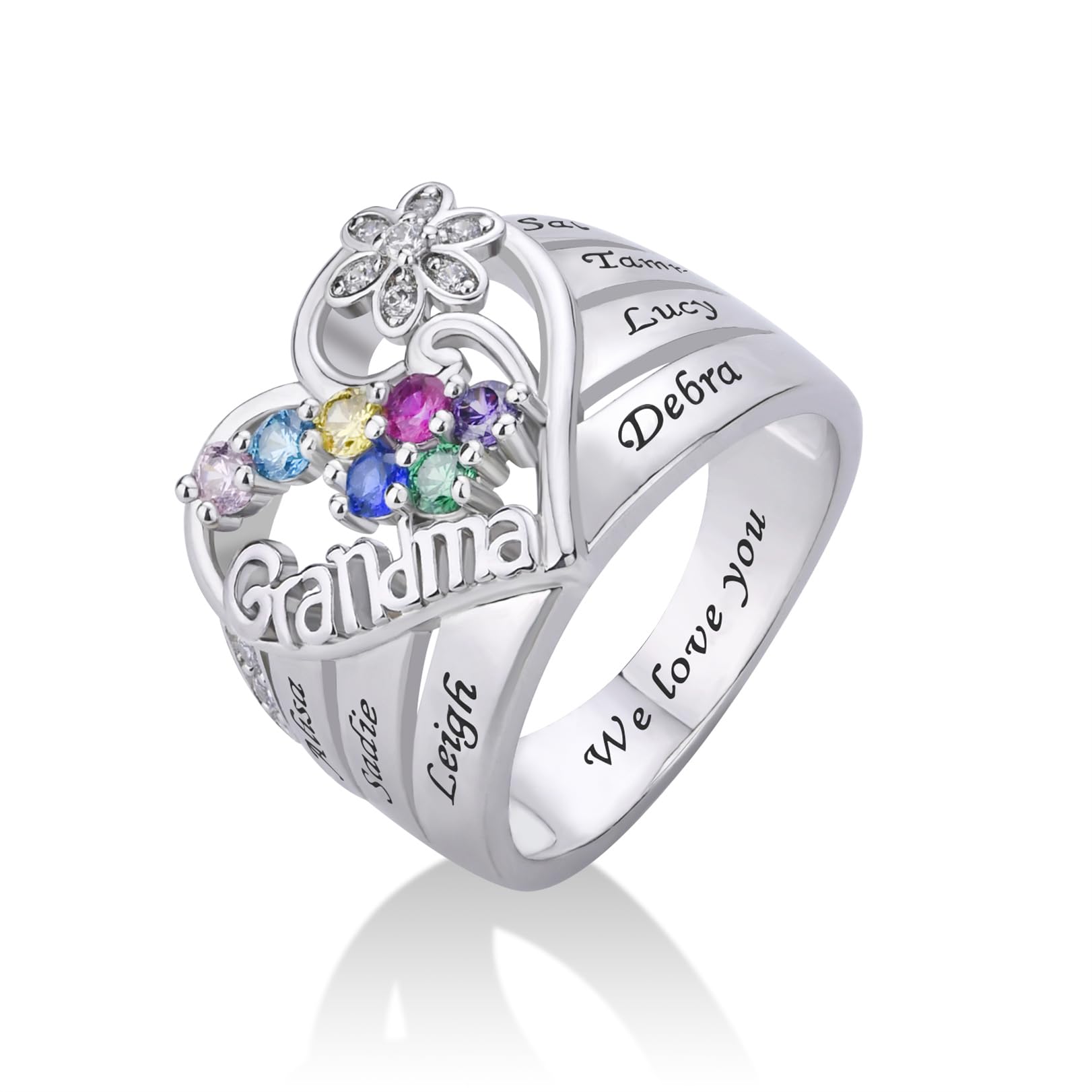JOBFLY S925 Sterling Silver Grandma Ring Personalized 1-8 Birthstone Rings for Grandma Custom Name Rings for Grandmothers Jewelry for Christmas
