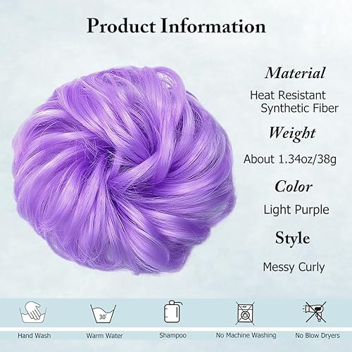 Miniatura 2 de Moños espaciales, piezas de cabello para mujeres y niñas, extensiones de cabello sintético ondulado y rizado, moño (morado claro)