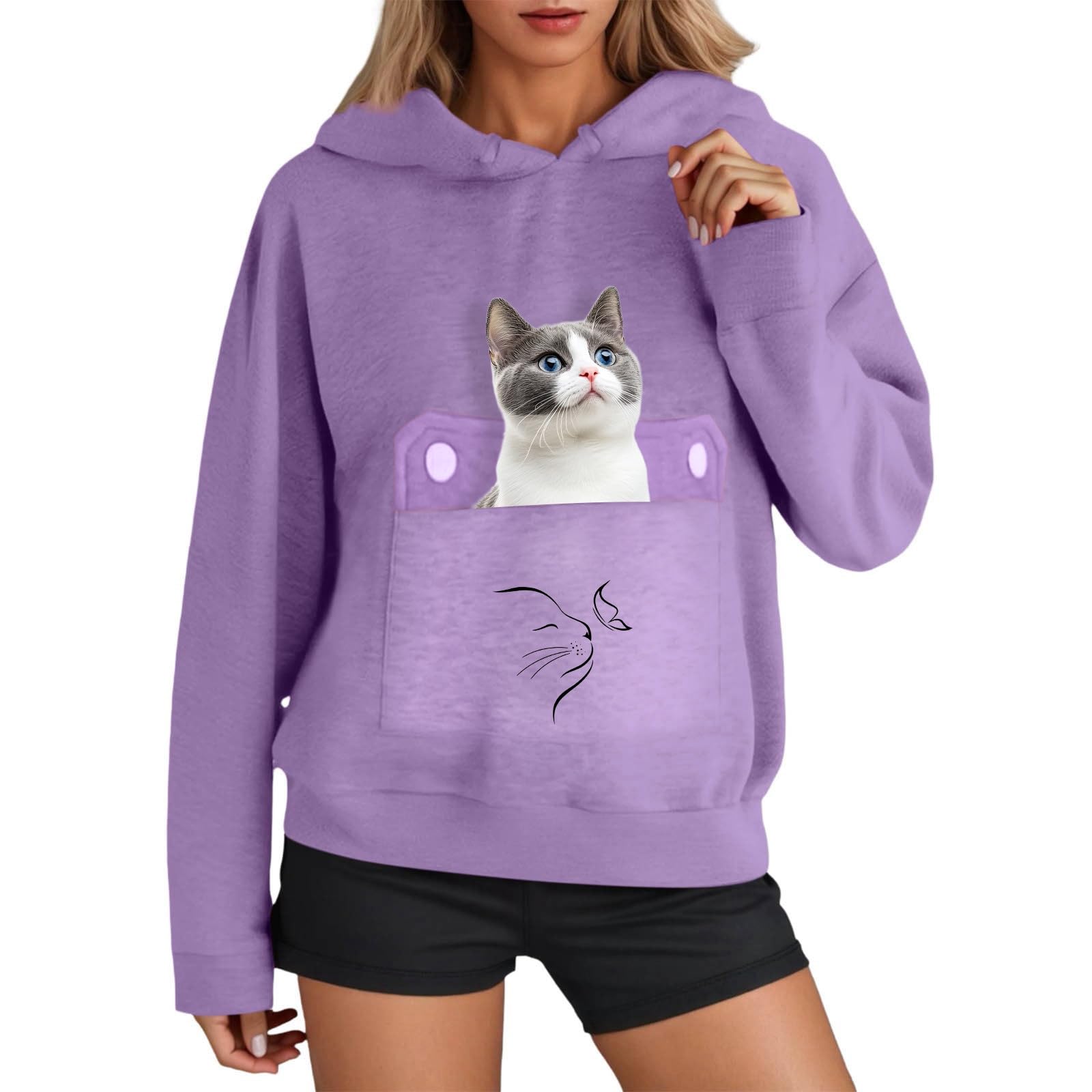 Katzen-Kapuzenpullover für Damen, langärmelig, mit Kapuze, Sweatshirt, mit Kapuze, Hundebeutel, Fleece-gefüttert, Haustier, Tier-Grafik, Winter, Herbst, Buchstaben, Hinterhölzer, Kapuzenpullover